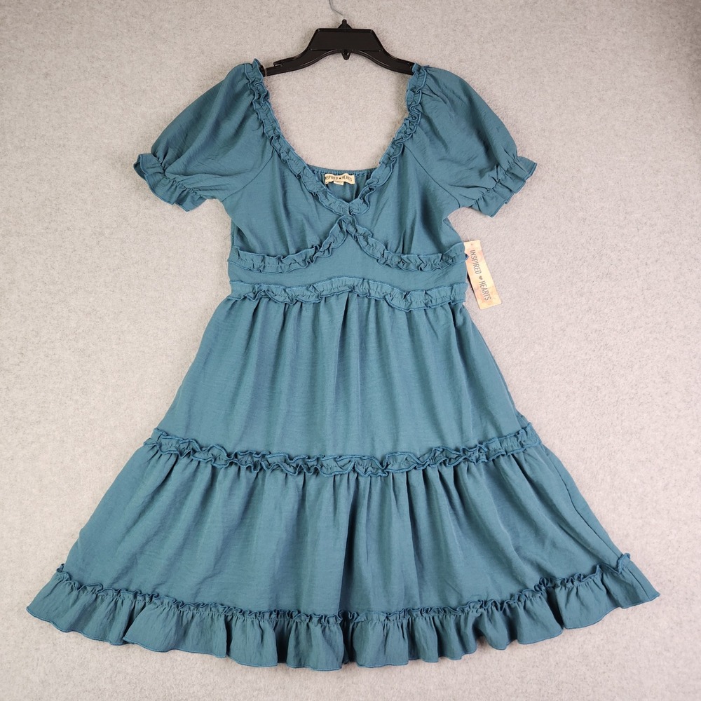 Inspired Hearts Babydoll Dress Womens Small‎ Teal Blue Tiered Ruffle Puff Sleeve
